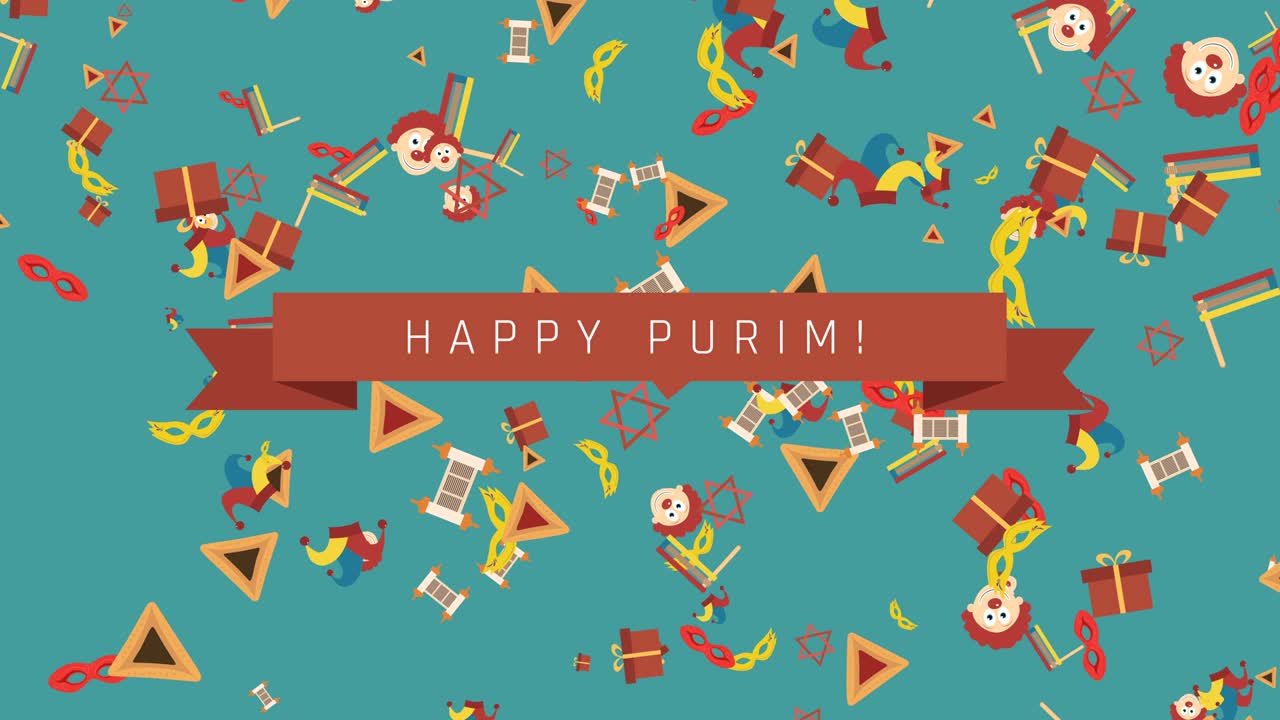 푸림 휴일 평면 디자인 애니메이션 배경에 전통적인 기호와 영어 텍스트