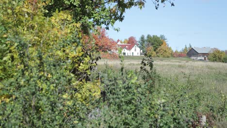 white farmyard house in the distance filmed in 4k from across the grassy field