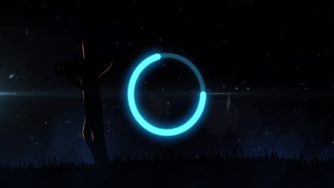 Glowing circle and starry night sky with silhouette of cross in animation