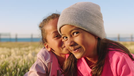 love, family and young sisters in park by