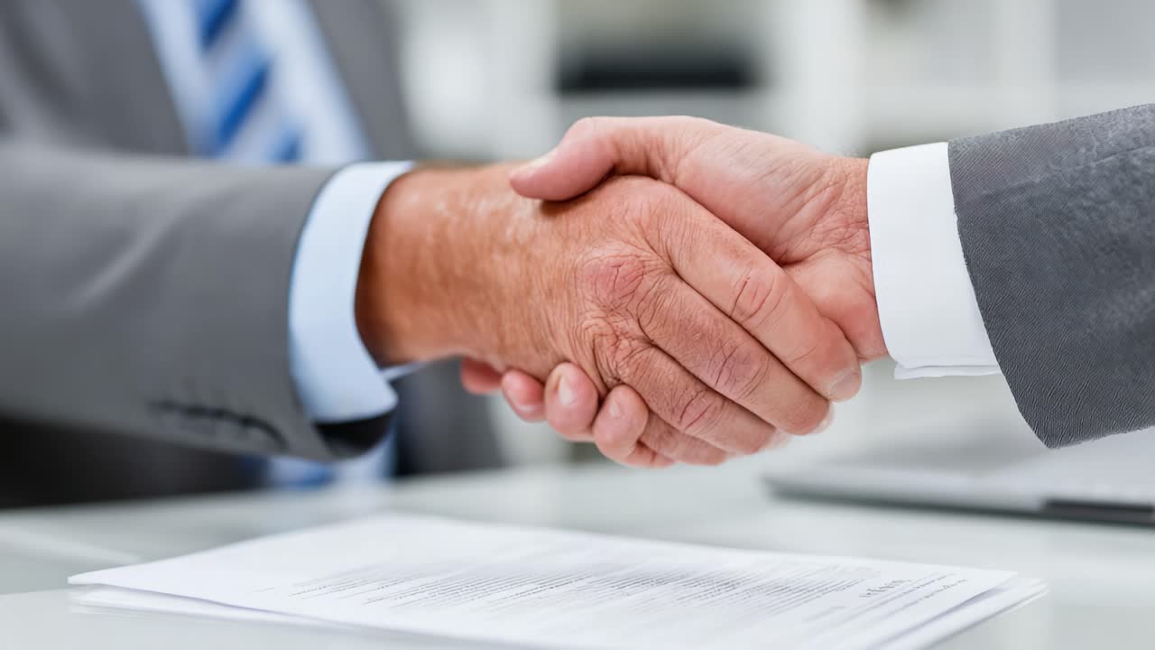 A Close-up of Two Business Professionals Engaging in a Firm Handshake Signifying Agreement and Collaboration in a Professional Setting on a Desk with Paperwork