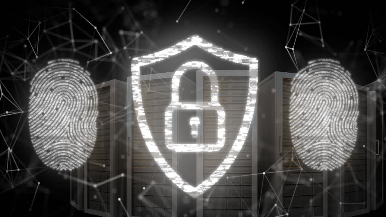 Animation of padlock in shield, fingerprints and connected dots over server system rack
