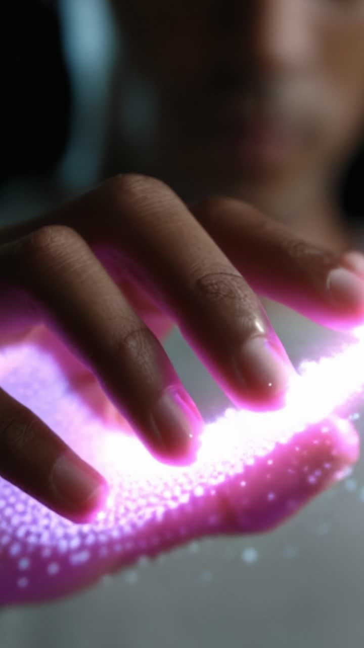 A close-up of a hand interacting with a glowing, digital surface that emits vibrant light patterns, showcasing the fusion of technology and human touch in an innovative display