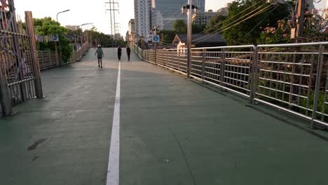 people walking, cycling, and skateboarding on bridge