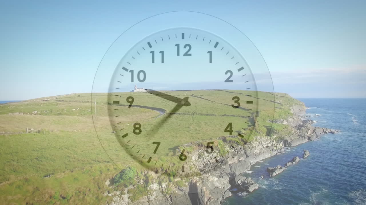 анимация движущихся часов над ландшафтом