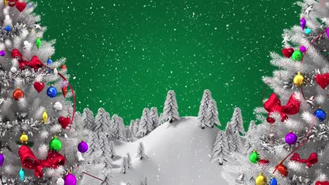 Animation-of-snow-falling-over-two-decorated-white-christmas-tress-on-winter-landscape