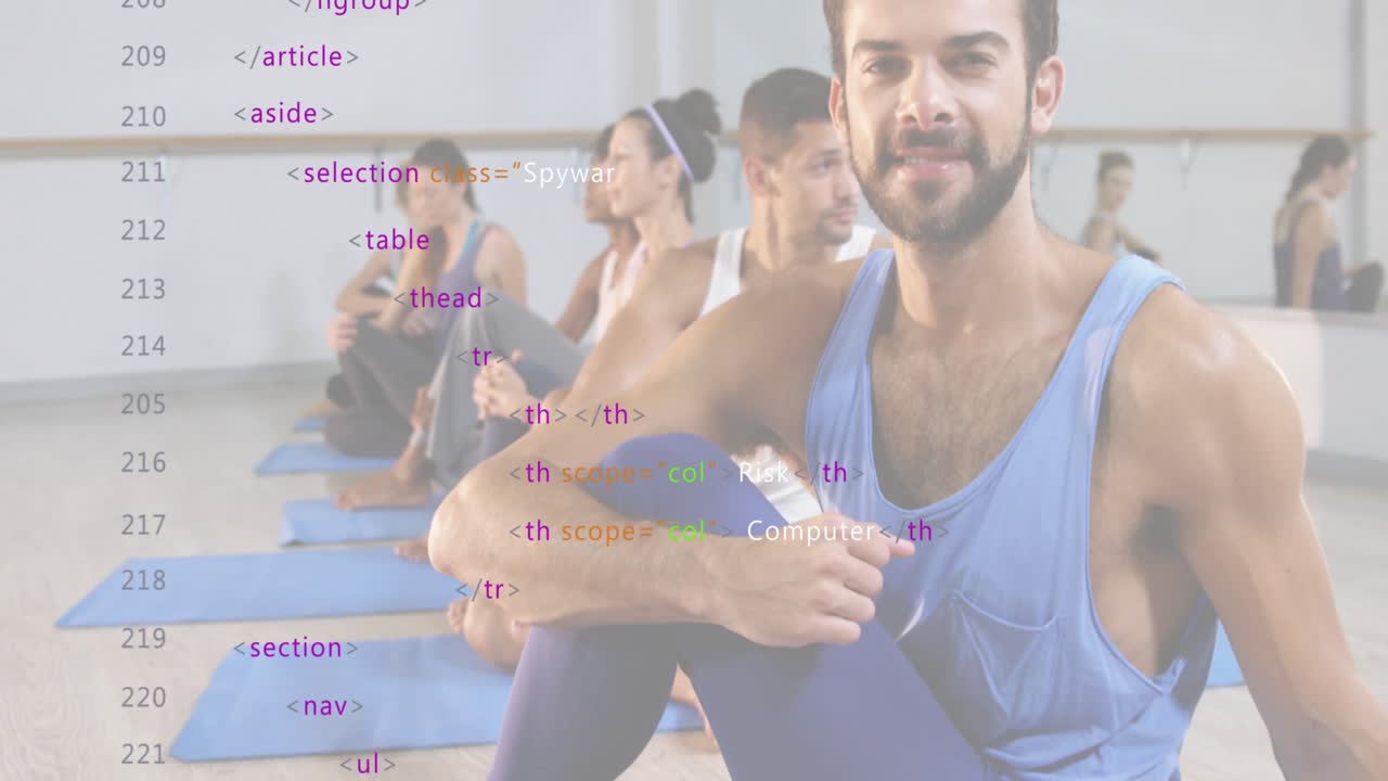 Clase de yoga haciendo una torsión espinal en colchonetas, iniciando una etiqueta HTML que superpone temas de ciberseguridad.