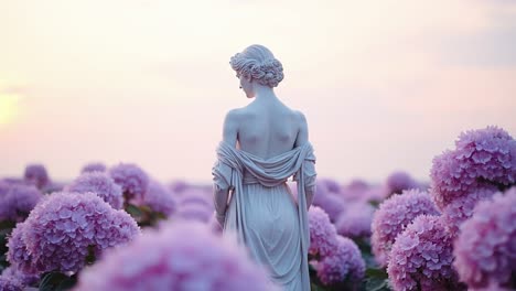 classical statue in a field of purple hydrangeas