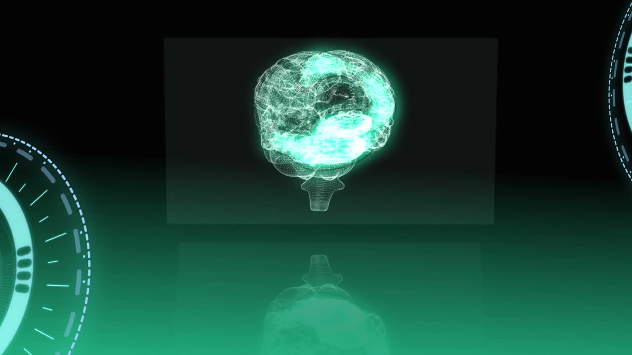 Animation of digital interface with brain on dark background