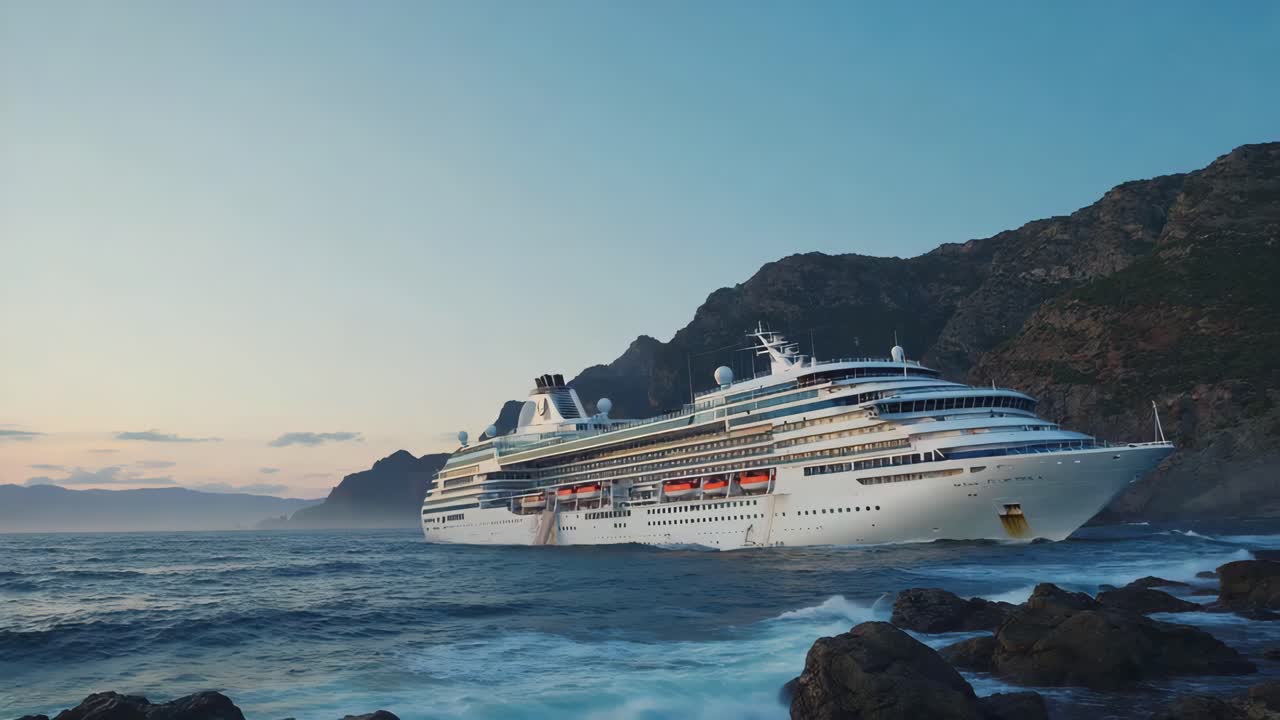 Cruise ship on the ocean near rocky coastline
