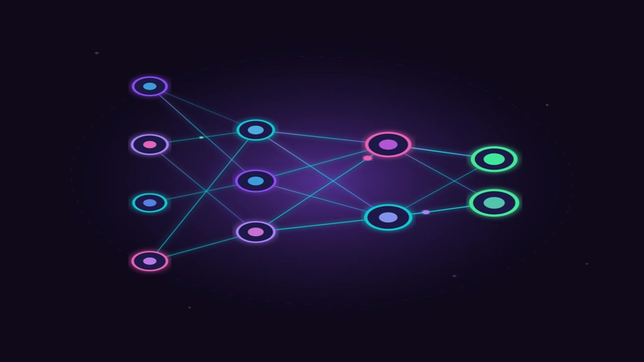 3D render of neural network nodes with glowing connections on dark background creating artificial intelligence animation designed for technology visuals and video overlays