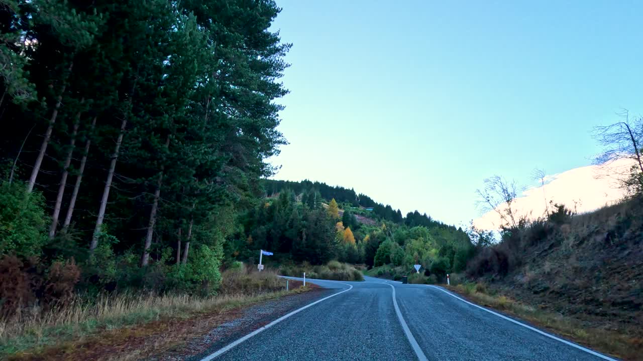 La fotocamera frontale cattura una strada di montagna tortuosa, una foresta lussureggiante e la chiara luce del giorno a Glenorchy, Nuova Zelanda