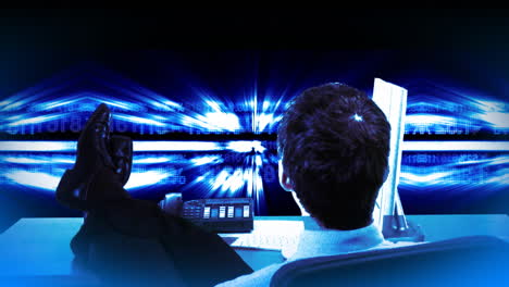 Businessman on a desk watching business data