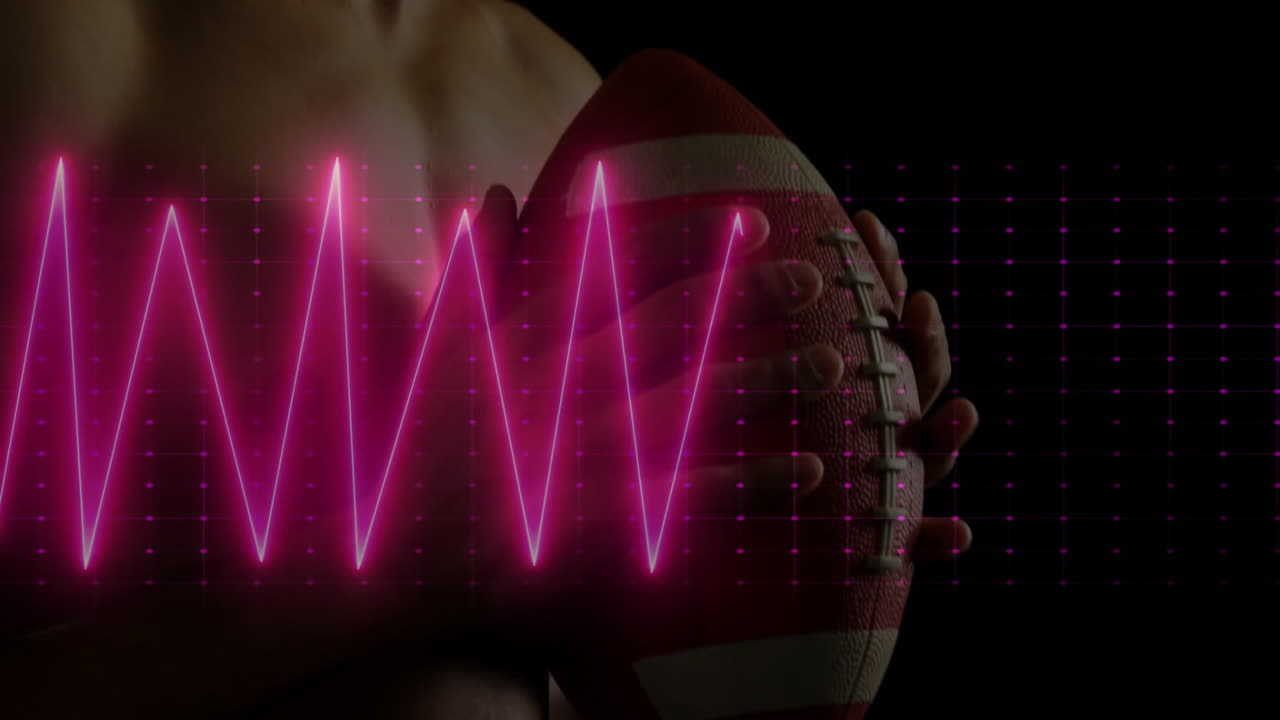 shirtless male athlete holding football in studio, featuring neon ECG waveform grid for health tech