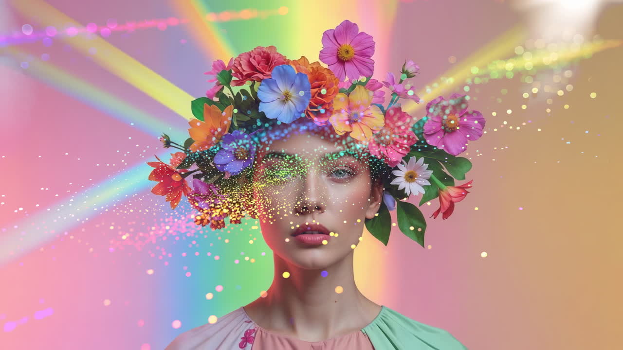 Woman with Colorful Flower Crown and Glittering Effects