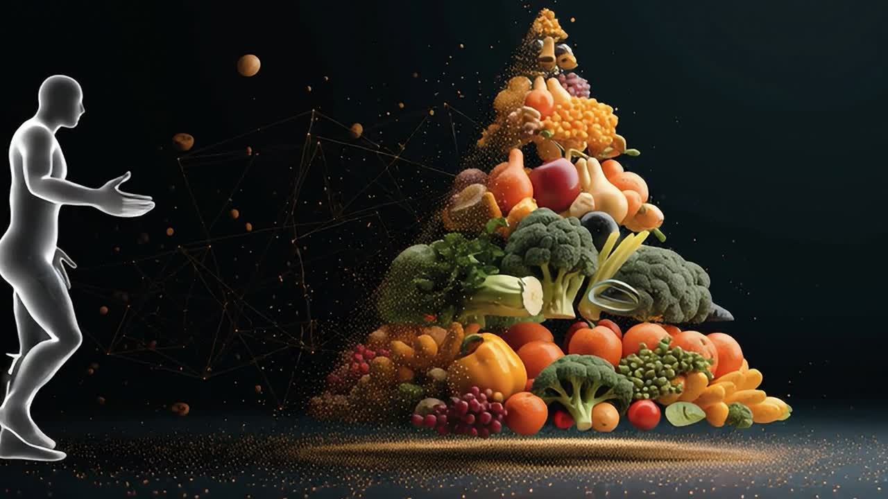 Kreative Anordnung von frischem Gemüse und Obst in Pyramidenform