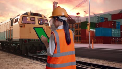 back view of asian female engineer with safety helmet working on a green screen tablet and looking around with freight cargo train at port