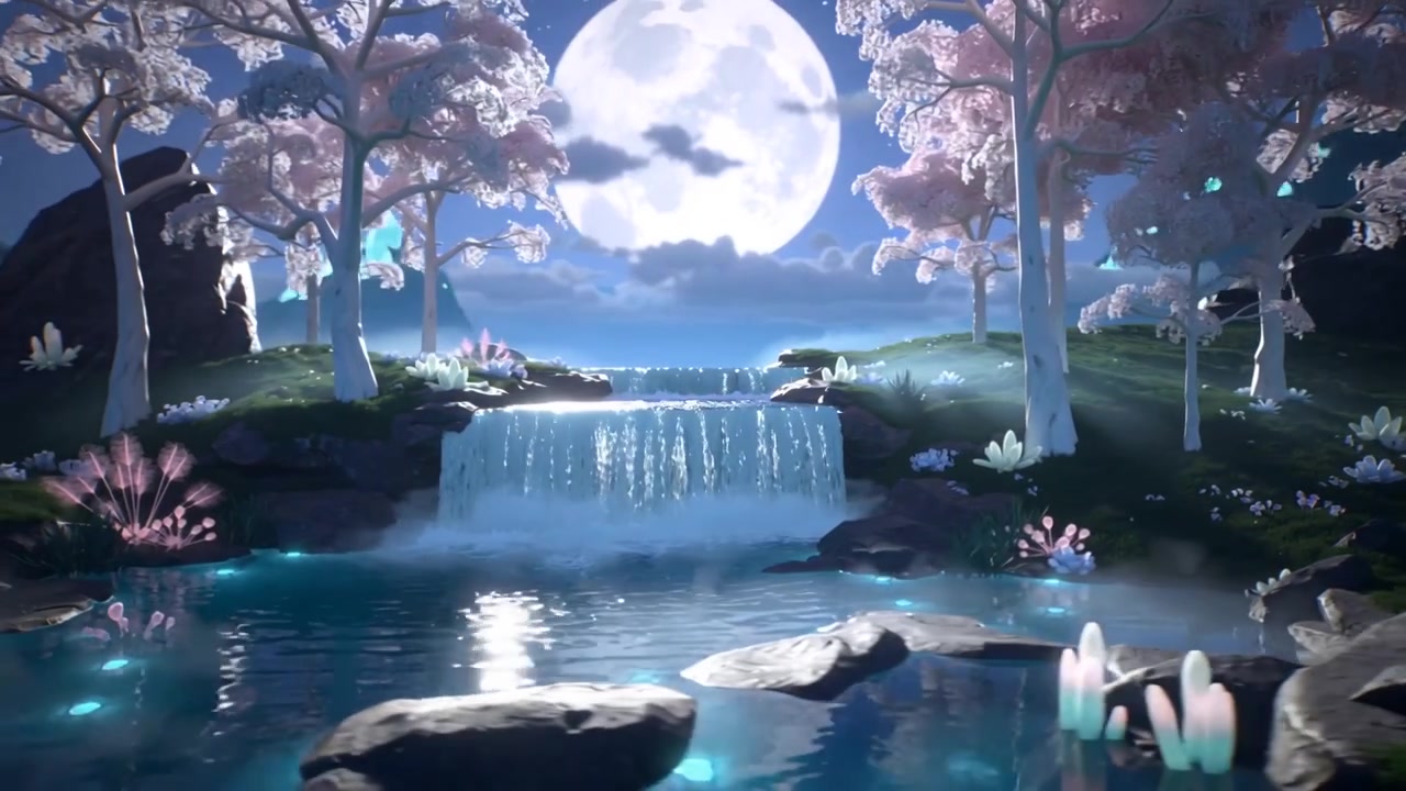 La telecamera panoramica rivela una cascata d'acqua e uno stagno calmo in una radura illuminata dalla luna, mostrando nebbia e un bagliore.