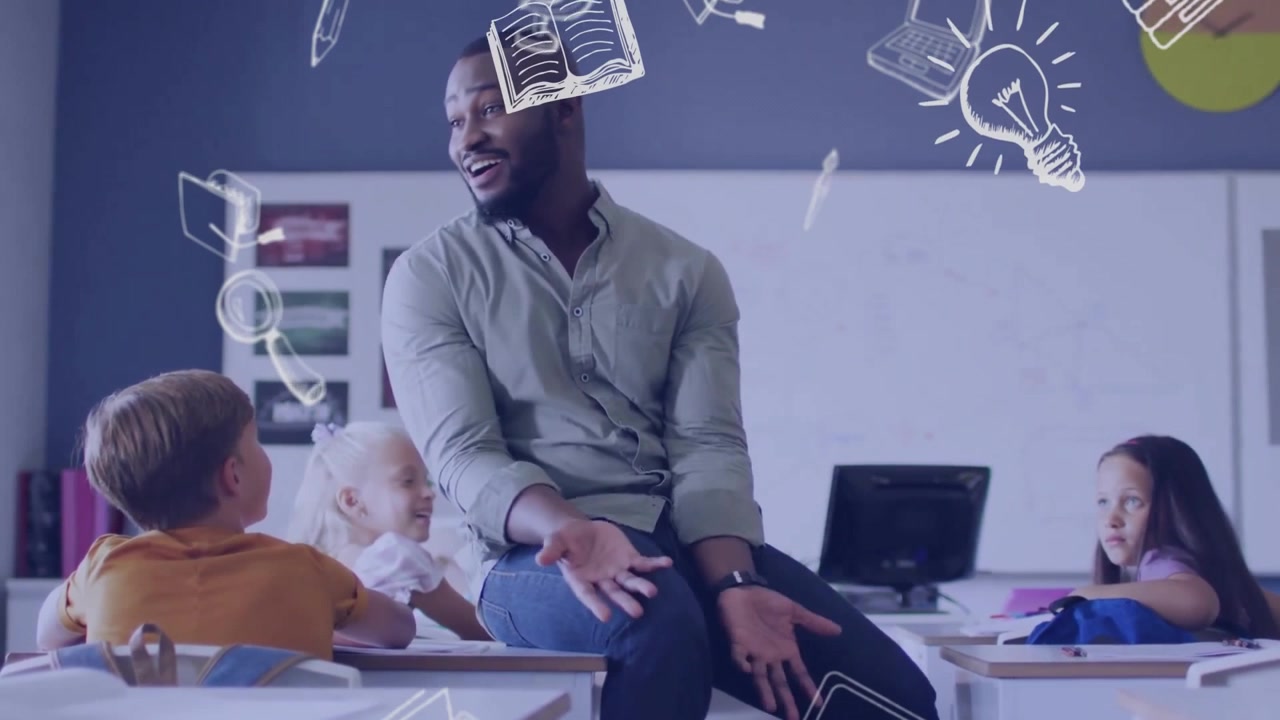 Animation of school items icons over happy diverse male teacher with students in classroom