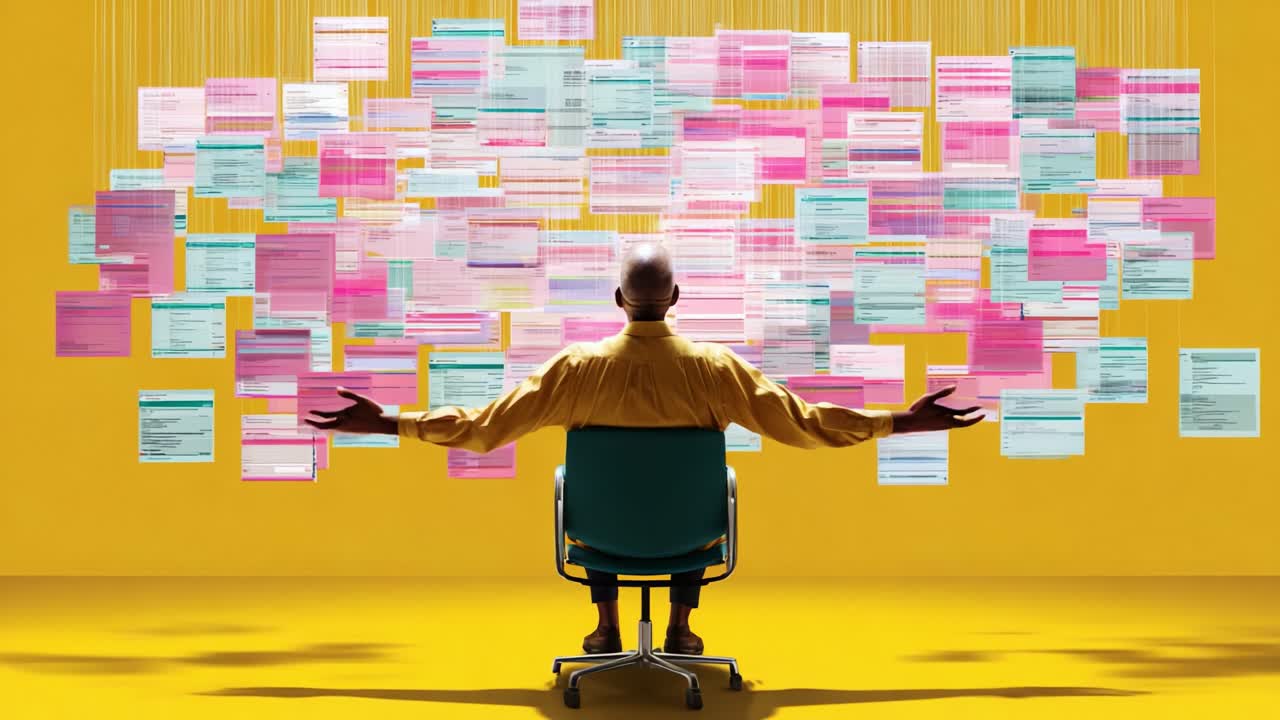 An Individual Seated in a Chair Surrounded by Colorful Floating Documents, Signifying Data Overload and Information Management Challenges in a Vibrant Yellow Setting