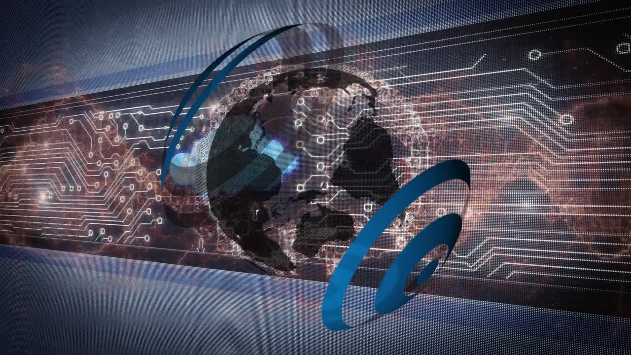 Animação de tela digital com globo, conexões e circuito integrado