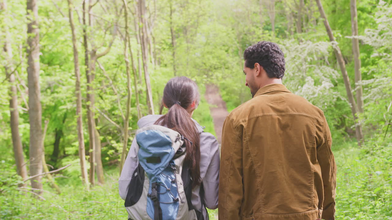 Close up rear view of young couple holding hands as they hike along path through trees in countryside with pet golden retriever dog on leash - shot in slow motion