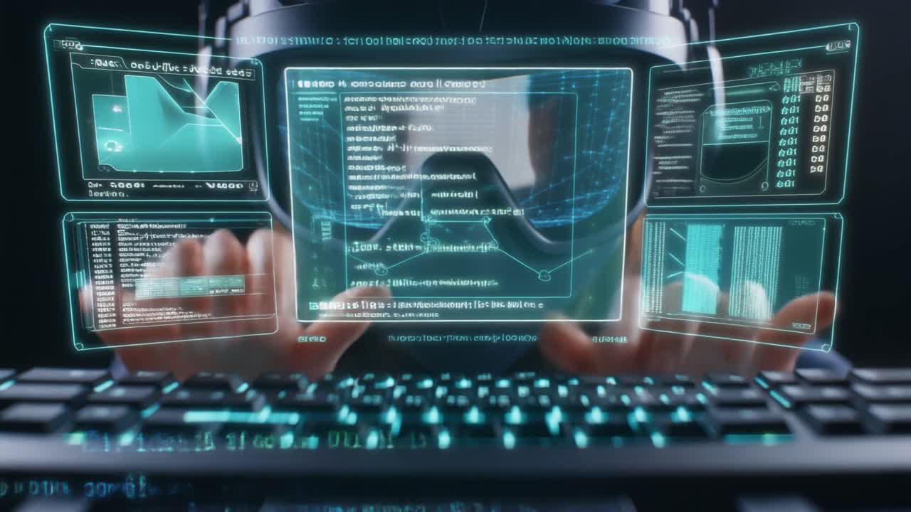 Person Wearing VR Headset Typing on Glowing Keyboard with Digital Interface