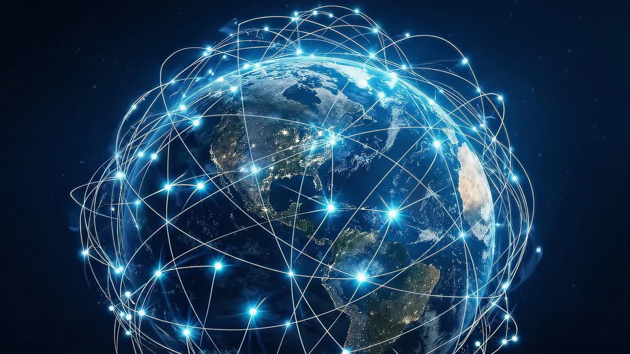 Global Communication Network Encircling Rotating Planet Earth