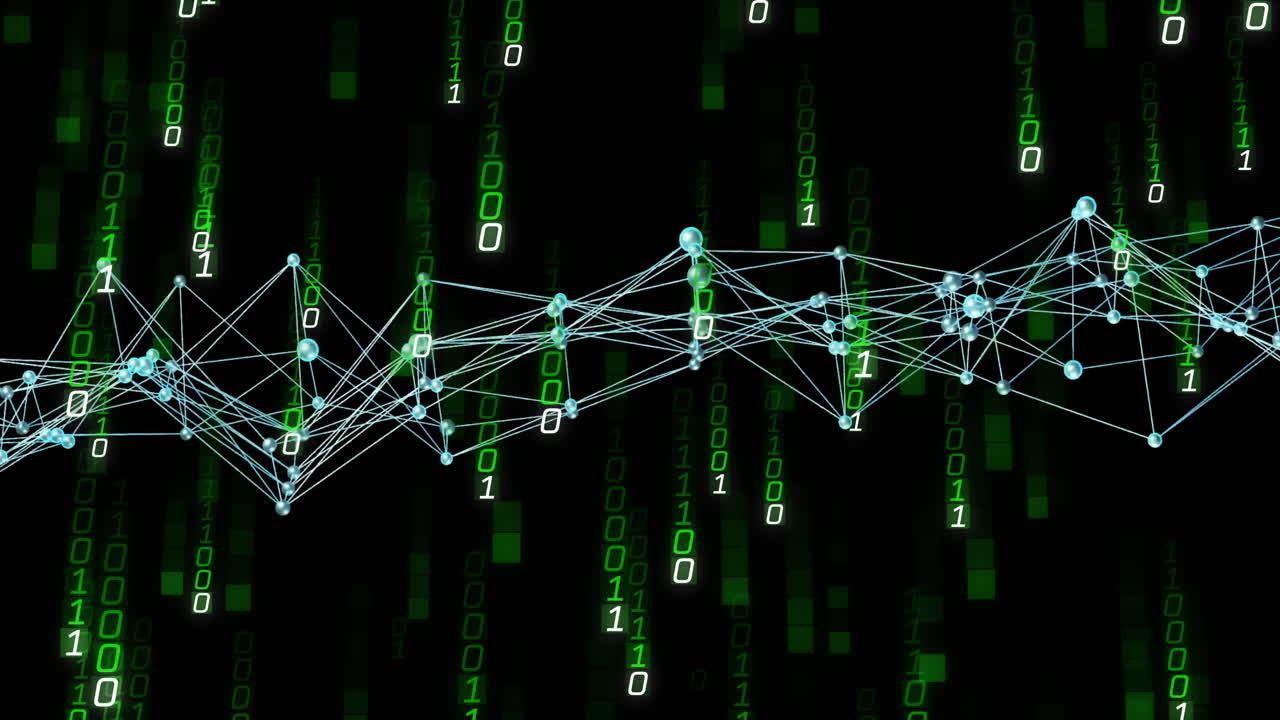 Animation of binary code network connecting over digital matrix background