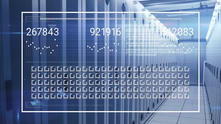 Animation of interface with data processing against computer server room
