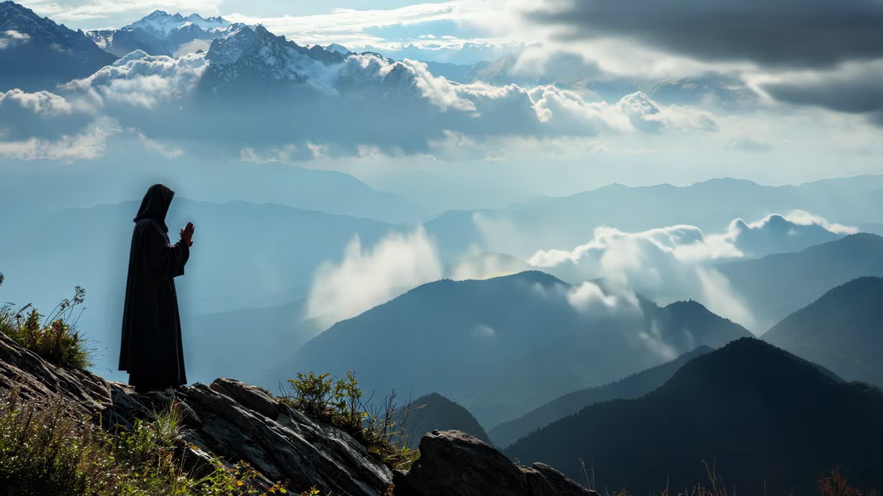 Lone monk silhouetted on rocky ledge, meditating amid fast moving clouds sweeping across dramatic mountain range with snow capped peaks in distant background