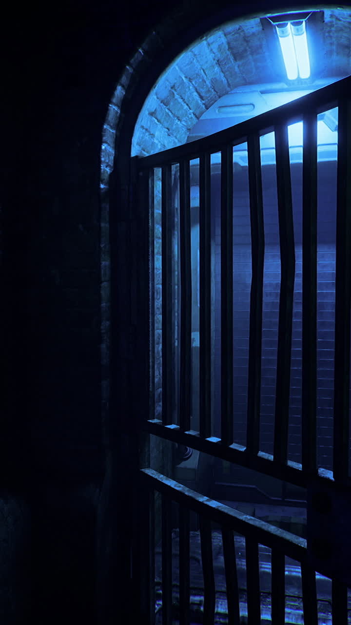 Mysterious alleyway with an open gate in a dimly lit urban setting at night