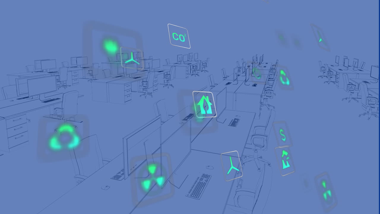 사무실의 디지털 작업 공간 위에 떠다니는 지속 가능한 아이콘의 애니메이션