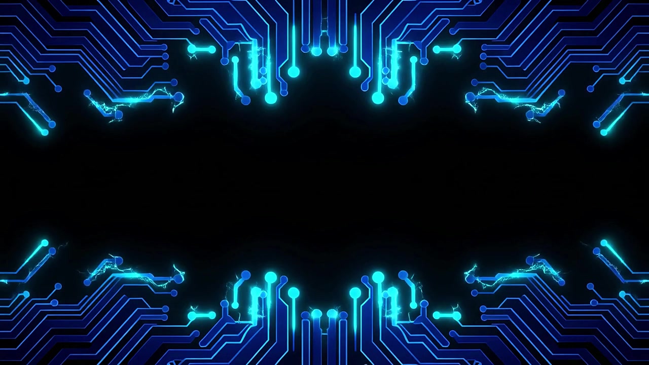 Futuristic Digital Circuit Board with Glowing Data Flow and Sparks