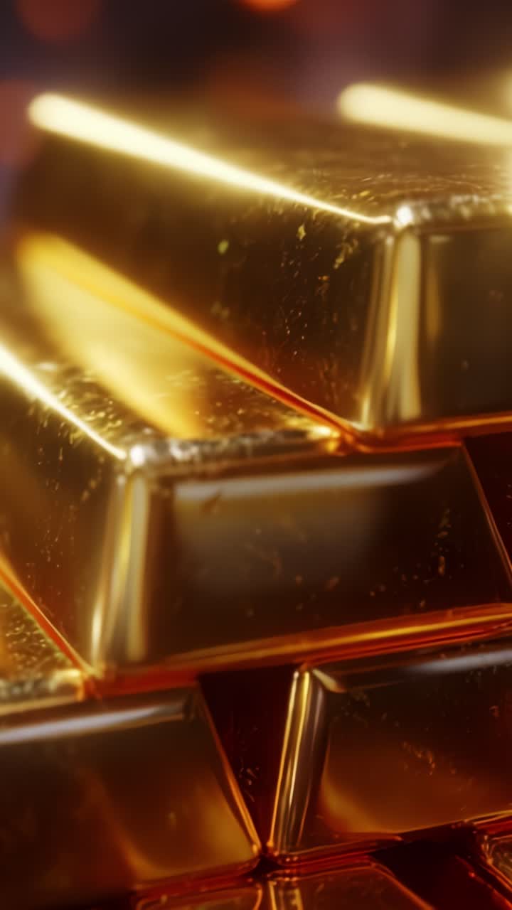 Lingotti d'oro lucenti impilati, che riflettono una calda luce e trame intricate in una lussuosa inquadratura ravvicinata che cattura l'essenza della ricchezza e dell'abbondanza