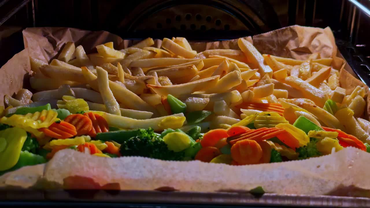 Close-up médio de vegetais assando dentro de um forno com batatas fritas, cenouras e brócolis