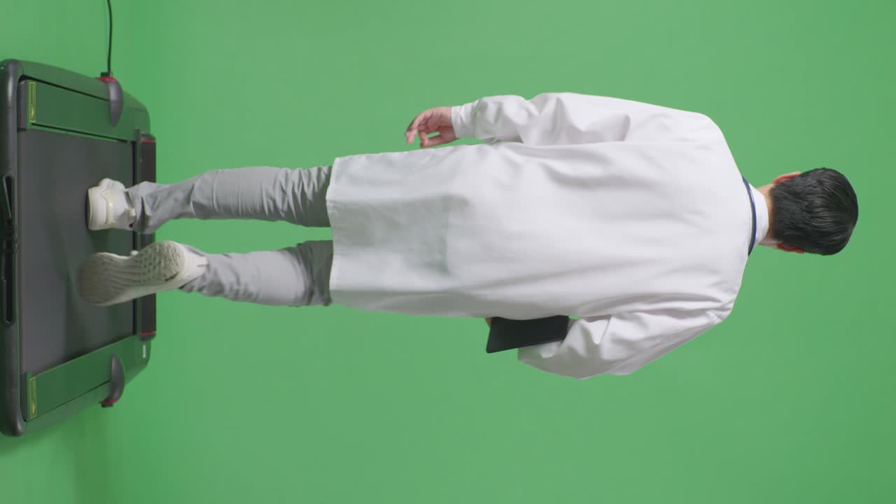 병원에서 녹색 화면 배경에서 걸어가는 동안 태블릿을 들고 있는 스테토스코프를 가진 아시아 남성 의사