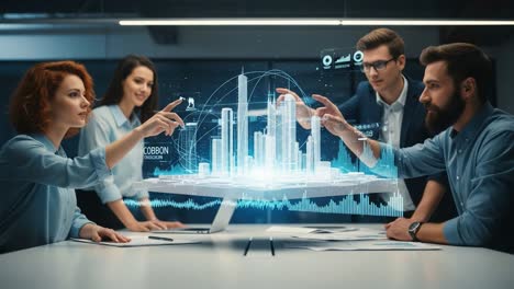 collaborative team brainstorming: strategic discussions on innovative urban development utilizing advanced 3d visualization technology in a modern office environment