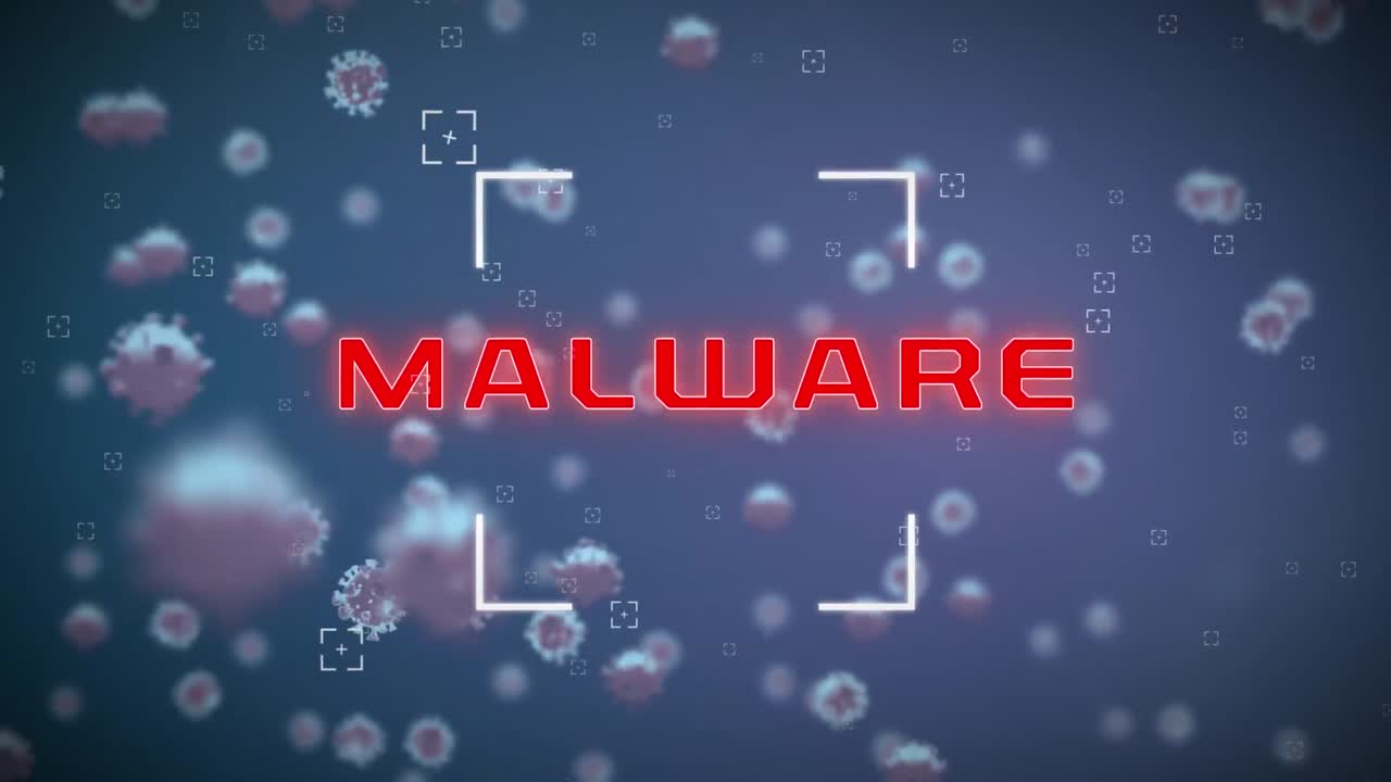 animación de malware sobre fondo azul con virus