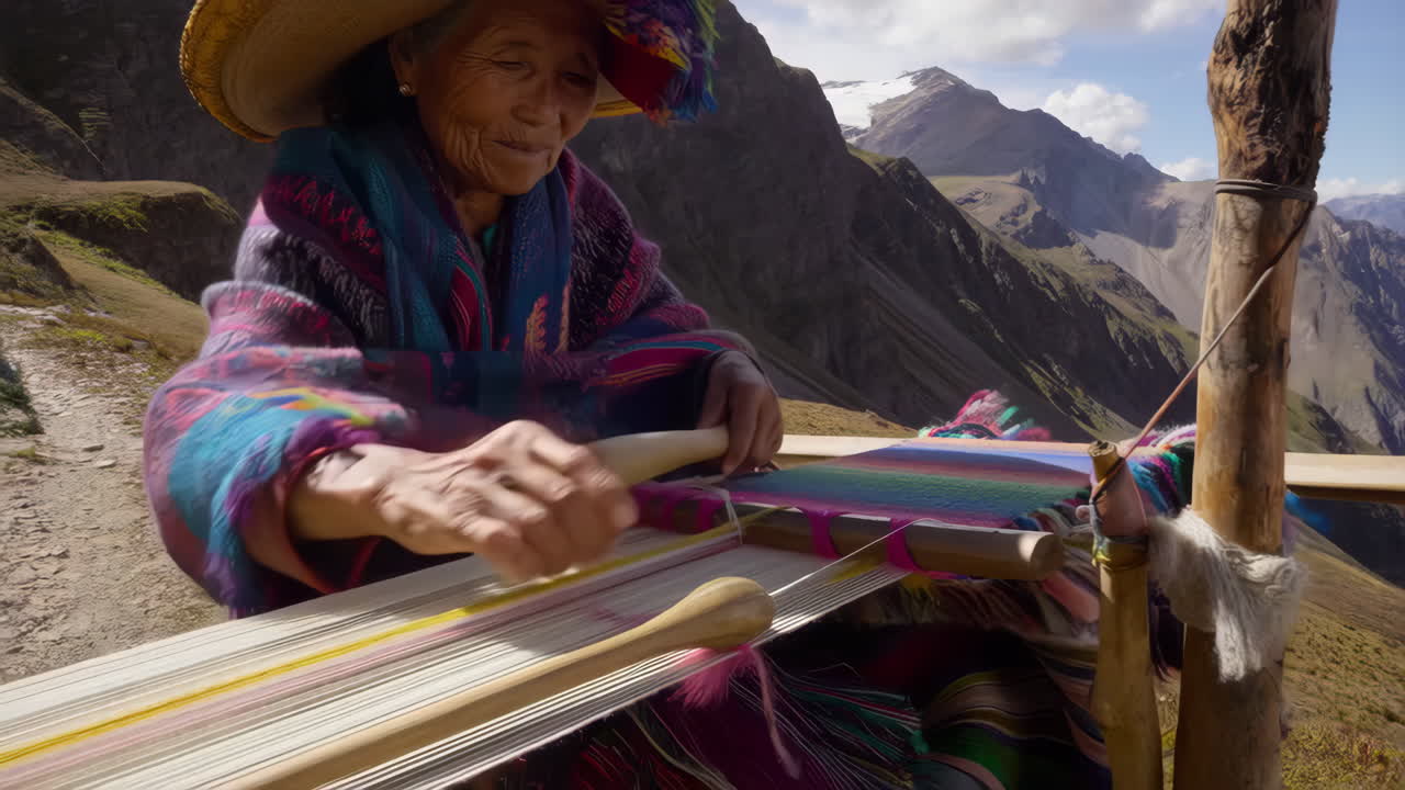 Woman weaving traditional textile in the Andes Mountains