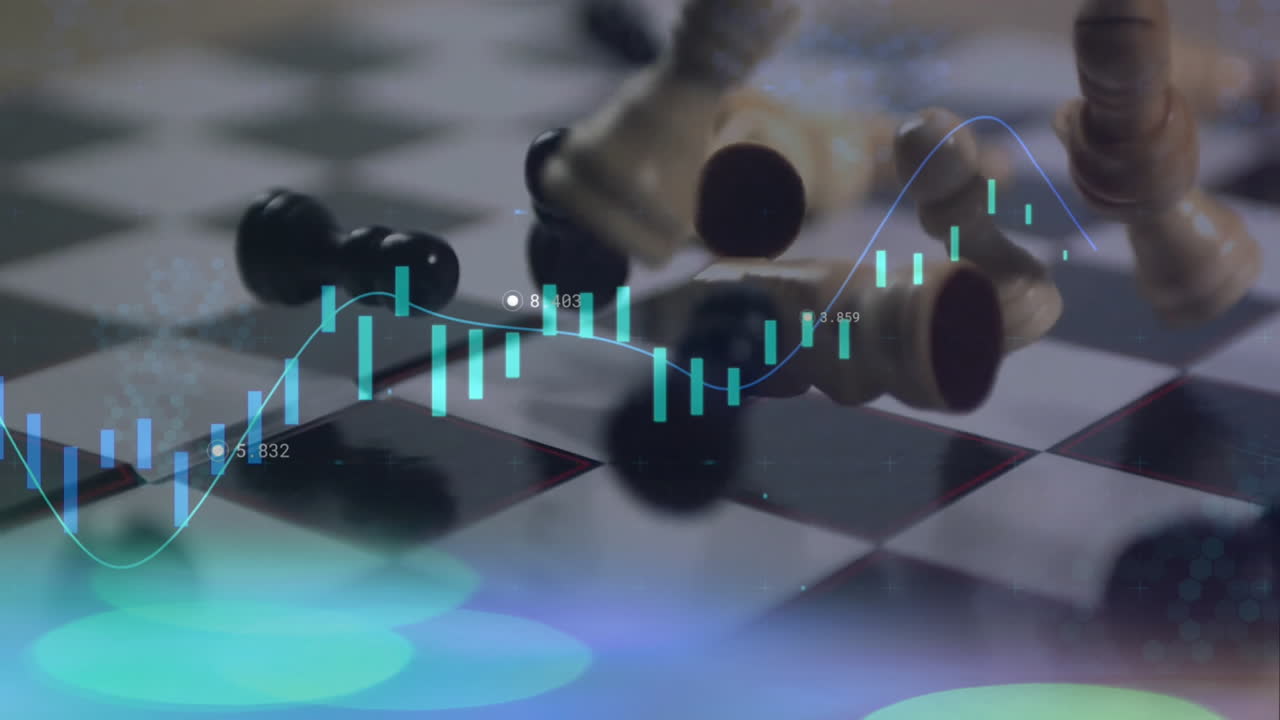 보드에 떨어지는 체스 조각에 대한 그래프 처리 데이터의 애니메이션