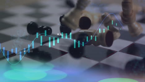 animación de datos de procesamiento gráfico sobre piezas de ajedrez que caen en el tablero