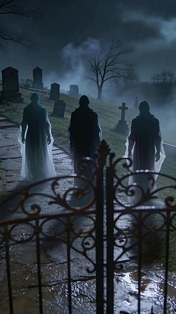 Video verticale: Figure incappucciate con mantelli che avanzano su un sentiero di cimitero, cancello di ferro e nebbia.