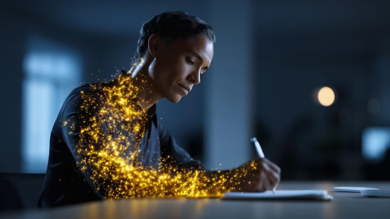 A contemplative individual writes with a sparkling, magical aura emanating from their arm, creating a captivating scene in a dimly lit environment