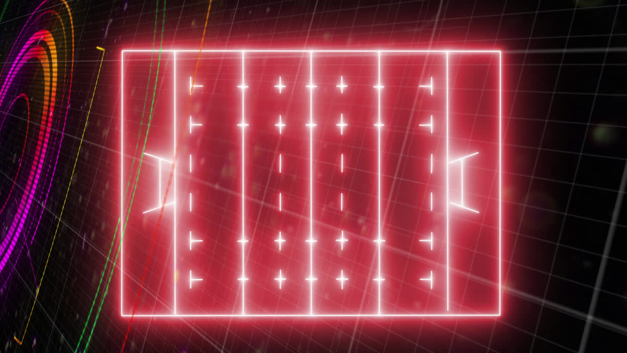 Animation of glowing circles spinning in tunnel of grid