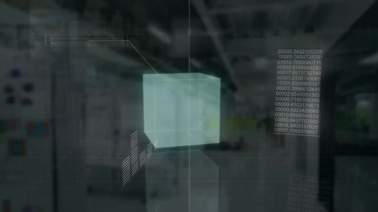 데이터 처리와 함께 회전하는 파란 사각형의 애니메이션