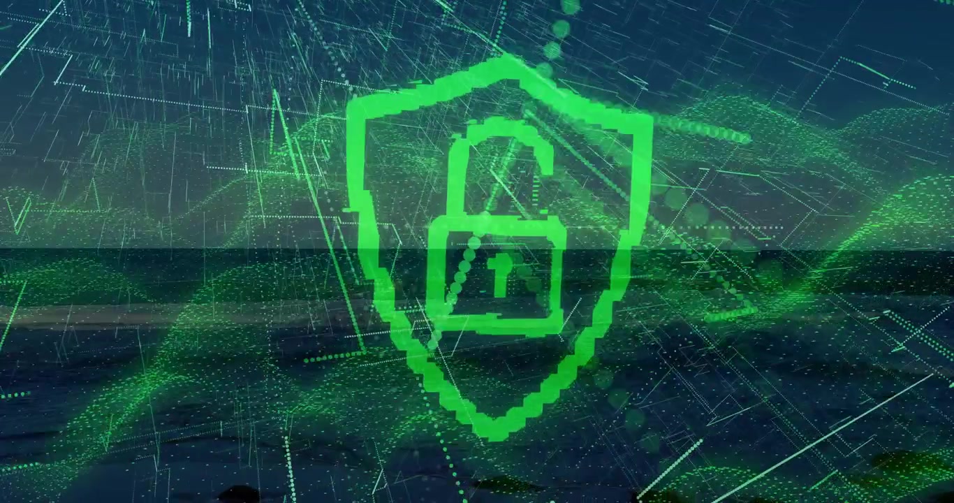Wireframe waves pulsing, initiating shield outline emerging, padlock sketching, securing network