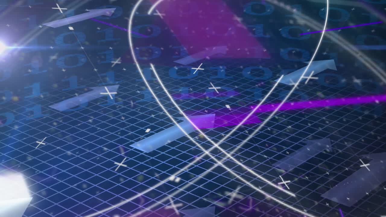 이진 코드 위에 화살표와 원을 움직이는 다채로운 글리치 기법의 애니메이션