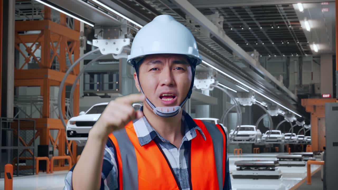 안전 헬을 입은 분노한 아시아 남성 엔지니어가 ev 자동차 공장에서 서서 누군가에게 소리치고 있습니다.