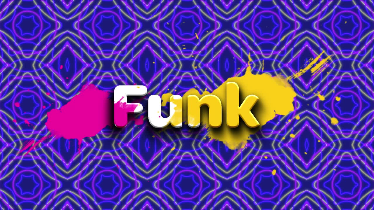 Animation of funk text over moving shapes on blue background